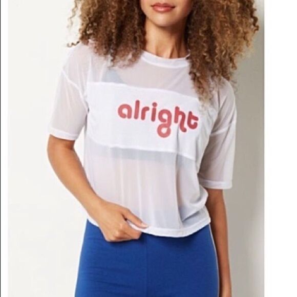 Alright Graphic White Sheer Mesh Workout Short Sleeve Top - Picture 1 of 6